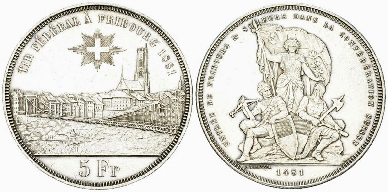 Freiburg, AR 5 Franken 1881, Tir fédéral 

Schweiz, Eidgenossenschaft. Fribour...