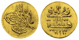 Mahmud II AV 1/4 Zeri Mahbub AH 1223/3 

Ottoman Empire. Mahmud II (AH 1223-1255/1808-1839 AD). AV 1/4 Zeri Mahbub AH 1223/3 (1810) (13 mm, 0.64 g)....
