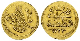 Mahmud II AV 1/4 Zeri Mahbub AH 1223/4 

Ottoman Empire. Mahmud II (AH 1223-1255/1808-1839 AD). AV 1/4 Zeri Mahbub AH 1223/4 (1811) (14 mm, 0.81 g)....