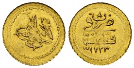 Mahmud II AV 1/4 Zeri Mahbub AH 1223/8 

Ottoman Empire. Mahmud II (AH 1223-1255/1808-1839 AD). AV 1/4 Zeri Mahbub AH 1223/8 (1815) (14 mm, 0.80 g)....