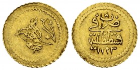 Mahmud II AV 1/4 Zeri Mahbub AH 1223/8 

Ottoman Empire. Mahmud II (AH 1223-1255/1808-1839 AD). AV 1/4 Zeri Mahbub AH 1223/8 (1815) (14 mm, 0.81 g)....