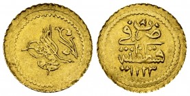 Mahmud II AV 1/4 Zeri Mahbub AH 1223/8 

Ottoman Empire. Mahmud II (AH 1223-1255/1808-1839 AD). AV 1/4 Zeri Mahbub AH 1223/8 (1815) (14 mm, 0.80 g)....