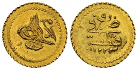 Mahmud II AV 1/4 Zeri Mahbub AH 1223/9 

Ottoman Empire. Mahmud II (AH 1223-1255/1808-1839 AD). AV 1/4 Zeri Mahbub AH 1223/9 (1816) (14 mm, 0.82 g)....