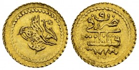 Mahmud II AV 1/4 Zeri Mahbub AH 1223/9 

Ottoman Empire. Mahmud II (AH 1223-1255/1808-1839 AD). AV 1/4 Zeri Mahbub AH 1223/9 (1816) (14 mm, 0.82 g)....
