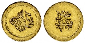 Mahmud II AV 1/4 Zeri Mahbub AH 1223/12 

Ottoman Empire. Mahmud II (AH 1223-1255/1808-1839 AD). AV 1/4 Zeri Mahbub AH 1223/12 (1819) (14 mm, 0.81 g...