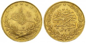Mehmet V AV 100 Kurush 1327/2 

Ottoman Empire. Mehmet V (1909-1918). AV 100 Kurush 1327/2 AH (7.24 g).
 KM 776.

Good extremely fine.