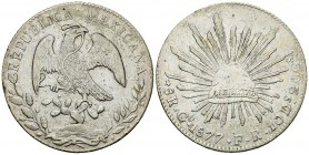 Mexico AR 8 Reales 1877 Go FR 

Mexico. AR 8 Reales 1877 Go FR (39 mm, 26.76 g), Guajunato. 
KM 377.8. 

Good very fine.