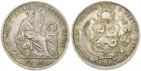 Peru AR Sol 1868 YB 

Peru. AR 1 Sol 1868 YB (24.88 g).
KM 196.3.

Nicely toned and almost extremely fine.