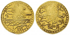 Mustafa III AV Zeri Mahbub 1171 AH 

Ottoman Empire. Mustafa III (AH 1171-1187/AD 1757-1774). AV Zeri Mahbub (21 mm, 2.58 g, 12 h), Cairo, AH 1171 =...