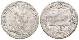 Livorno, Cosimo III de' Medici Granduca 1670-1723
Quarto di Tollero, 1683, AG 6.64 g. 
Ref : MIR 76 (R2), CNI 22 
Conservation : TB. Très Rare