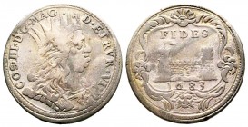 Livorno, Cosimo III de' Medici Granduca 1670-1723
Quarto di Tollero, 1683, AG 6.52 g.
Ref : MIR 76 (R2), CNI 22 
Conservation : TTB. Très Rare