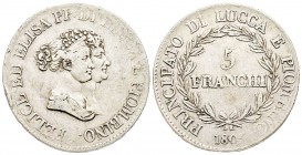 Lucca, Elisa Bonaparte e Felice Baciocchi 1805-1814
Scudo 5 Franchi, 1805, AG 24.64 g.
Ref : MIR 244/1, CNI 1/4
Conservation : coups, TB