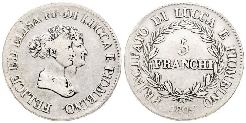Lucca, Elisa Bonaparte e Felice Baciocchi 1805-1814
Scudo 5 Franchi, 1805, AG 24...
