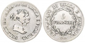 Lucca, Elisa Bonaparte e Felice Baciocchi 1805-1814
Scudo 5 Franchi, 1805, AG 24.53 g.
Ref : MIR 244/1, CNI 1/4
Conservation : TB