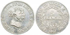 Lucca, Elisa Bonaparte e Felice Baciocchi 1805-1814
Scudo 5 Franchi, 1805, AG 24.7 g.
Ref : MIR 244/1, CNI 1/4
Conservation : TTB