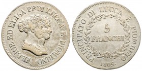 Lucca, Elisa Bonaparte e Felice Baciocchi 1805-1814
Scudo 5 Franchi, 1805, AG 24.78 g.
Ref : MIR 244/1, CNI 1/4
Conservation : TTB/SUP