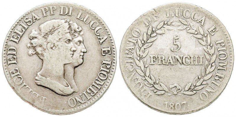 Lucca, Elisa Bonaparte e Felice Baciocchi 1805-1814
Scudo 5 Franchi, 1807, AG 24...