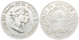 Lucca, Elisa Bonaparte e Felice Baciocchi 1805-1814
Scudo 5 Franchi, 1807, AG 24.7 g.
Ref : MIR 244/3, CNI 10
Conservation : TB/TTB