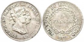 Lucca, Elisa Bonaparte e Felice Baciocchi 1805-1814
Scudo 5 Franchi, 1807, AG 24.63 g.
Ref : MIR 244/3, CNI 10
Conservation : TTB