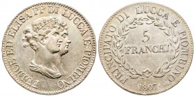 Lucca, Elisa Bonaparte e Felice Baciocchi 1805-1814
Scudo 5 Franchi, 1807, AG 24.63 g.
Ref : MIR 244/3, CNI 10
Conservation : Superbe