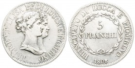 Lucca, Elisa Bonaparte e Felice Baciocchi 1805-1814
Scudo 5 Franchi, 1808, AG 24.67 g.
Ref : MIR 244/4, CNI 12/5
Conservation : TB/TTB