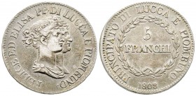 Lucca, Elisa Bonaparte e Felice Baciocchi 1805-1814
Scudo 5 Franchi, 1808, AG 24.8 g.
Ref : MIR 244/4, CNI 12/5
Conservation : TTB