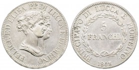 Lucca, Elisa Bonaparte e Felice Baciocchi 1805-1814
Scudo 5 Franchi, 1808, AG 24.95 g.
Ref : MIR 244/4, CNI 12/5
Conservation : presque Superbe