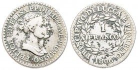 Lucca, Elisa Bonaparte e Felice Baciocchi 1805-1814
Franco, 1806, AG 4.68 g.
Ref : MIR 245/2, CNI 7
Conservation : TTB