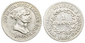 Lucca, Elisa Bonaparte e Felice Baciocchi 1805-1814
Franco, 1806, AG 4.94 g.
Ref : MIR 245/2, CNI 7
Conservation : TTB/SUP