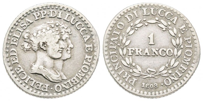 Lucca, Elisa Bonaparte e Felice Baciocchi 1805-1814
Franco, 1808 AG 4.86 g.
Ref ...
