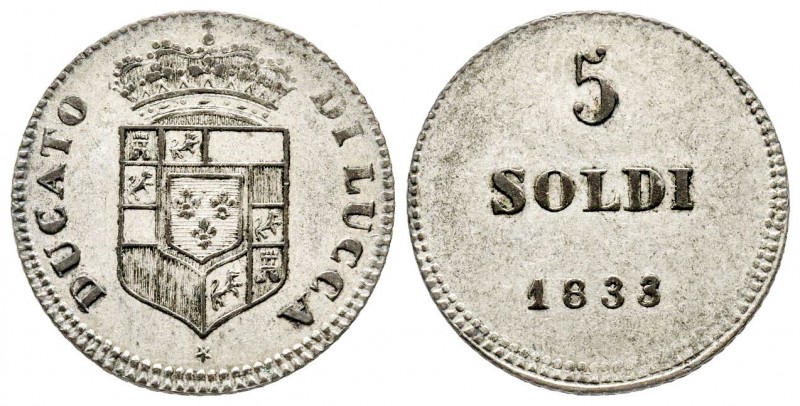 Lucca, Carlo Lodovico di Borbone Duca 1824-1847
Da 5 Soldi, 1833, Mi 2.94 g.
Ref...