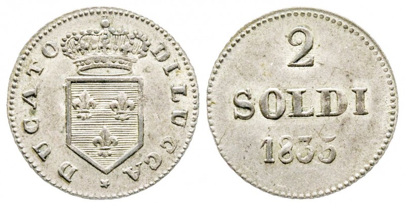 Lucca, Carlo Lodovico di Borbone Duca 1824-1847
Da 2 Soldi, 1835, Mi 1.34 g.
Ref...
