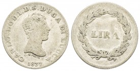 Lucca, Carlo Lodovico di Borbone Duca 1824-1847
Lira, 1837, AG 4.4 g.
Ref : MIR 257/1 (R), CNI 19/20
Conservation : TB, rare