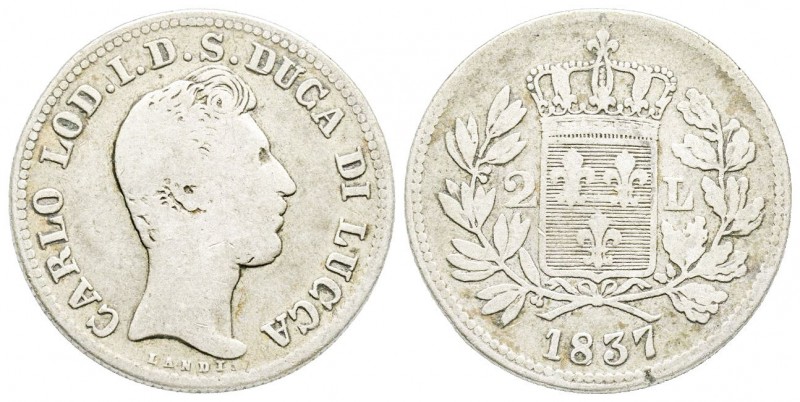Lucca, Carlo Lodovico di Borbone Duca 1824-1847
Da 2 Lire, 1837, AG 8.94 g.
Ref ...