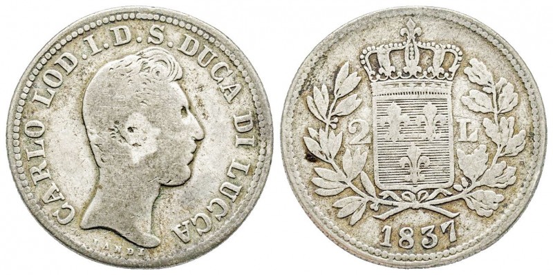 Lucca, Carlo Lodovico di Borbone Duca 1824-1847
Da 2 Lire, 1837, AG 8.91 g.
Ref ...