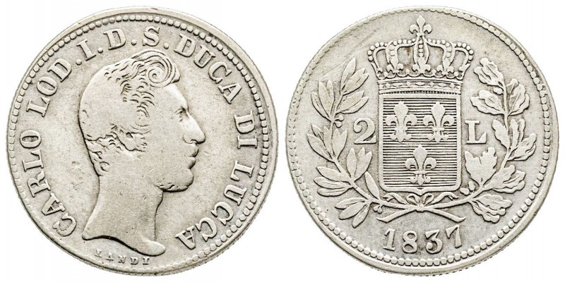 Lucca, Carlo Lodovico di Borbone Duca 1824-1847
Da 2 Lire, 1837, AG 9.16 g.
Ref ...