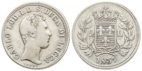 Lucca, Carlo Lodovico di Borbone Duca 1824-1847
Da 2 Lire, 1837, AG 9.16 g.
Ref : MIR 258, CNI 18
Conservation : TB/TTB