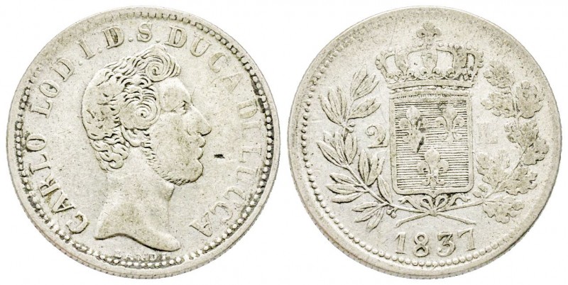 Lucca, Carlo Lodovico di Borbone Duca 1824-1847
Da 2 Lire, 1837, AG 9.38 g.
Ref ...