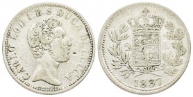 Lucca, Carlo Lodovico di Borbone Duca 1824-1847
Da 2 Lire, 1837, AG 9.38 g.
Ref : MIR 258, CNI 18
Conservation : presque TTB