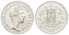 Lucca, Carlo Lodovico di Borbone Duca 1824-1847
Da 2 Lire, 1837, AG 9.3 g.
Ref : MIR 258, CNI 18
Conservation : coup, TTB+