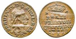Orbetello, Ferdinando IV di Borbone , Re delle due Sicilie 1759-1801
Da 1 quattrino, 1798, Cu 1.56 g.
Ref : MIR 355/3 (R ), CNI 14
Conservation : pres...