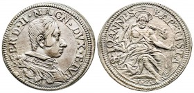 Firenze, Ferdinando II de Medici 1621-1670
Testone, 1636, AG 9.19 g.
Ref : MIR 298 (R), Pucci 51 
Conservation : Superbe. Rare