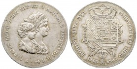 Firenze, Carlo Lodovico di Borbone re d'Etruria e Maria Luigia Reggente 1803-1807
Scudo da 10 Lire Fiorentine detto Dena II serie, 1807, AG 39 g.
Ref ...