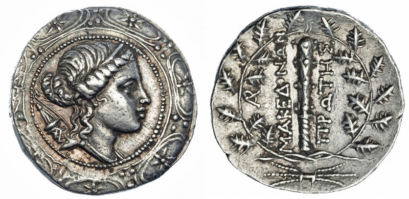 MACEDONIA. Anfípolis. Tetradracma (158-149 a. C.). A/ Escudo macedonio con cabez...