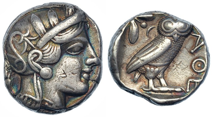 ÁTICA. Atenas. Tetradracma (s. V a.C.). A/ Atenea con casco a der. con hoja de o...