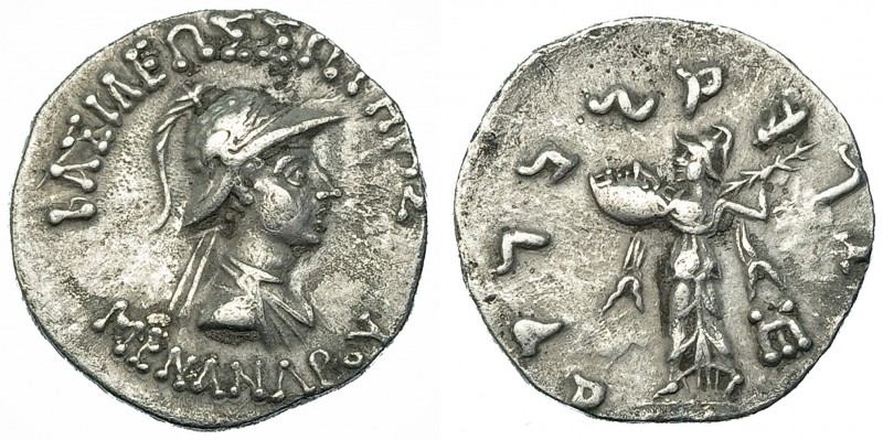 BACTRIA. Menandro I. Dracma (165-130 a.C.). A/ Busto diademado del rey con casco...