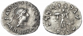 BACTRIA. Menandro I. Dracma (165-130 a.C.). R/ Busto del rey con casco a der. AR 2,39 g. COP-296. MBC-/MBC.