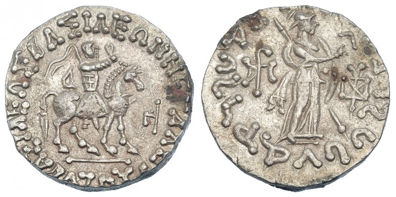 INDO-ESCITAS. Azes II. Tetradracma (35-5 a.C.). A/ Guerrero a caballo. R/ Figura...