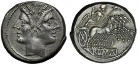 ACUÑACIONES ANÓNIMAS. Quadrigato (225-212 a. C.). A/ Cabeza janiforme laureada de los Dióscuros. R/ Júpiter y Victoria a der., debajo ROMA en relieve ...