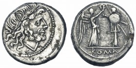 ACUÑACIONES ANÓNIMAS. Victoriato. Roma (211-208 a.C.). CRAW-53/1. SB-9. Ligeramente descentrada. MBC-.
